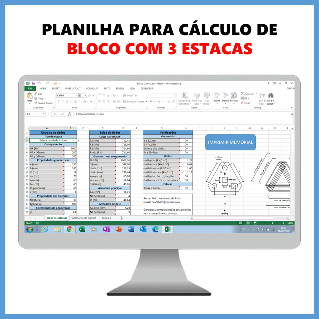 Planilha para cálculo de bloco com 3 estacas            R$ 50,00            SAIBA MAIS