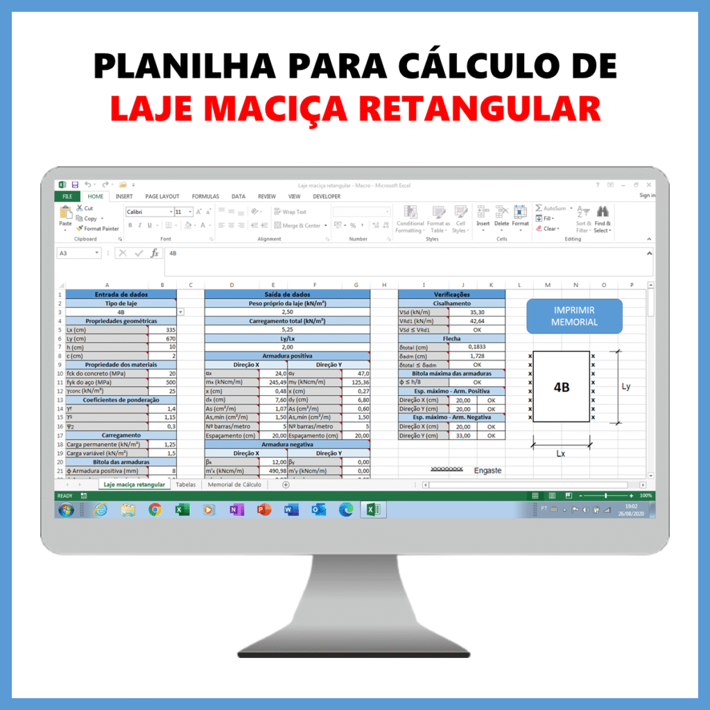 Planilha para cálculo de laje maciça retangular            R$ 50,00            SAIBA MAIS
