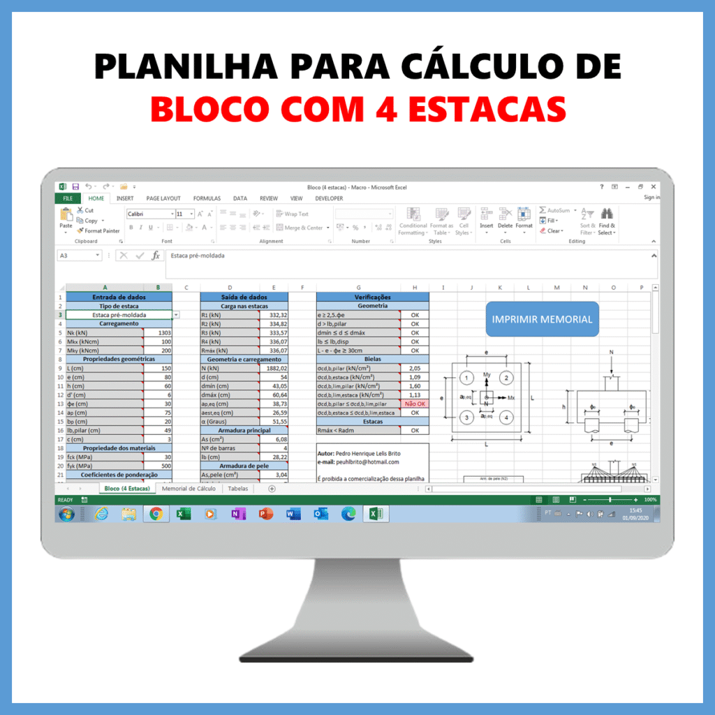 Planilha para cálculo de bloco com 4 estacas            R$ 50,00            SAIBA MAIS