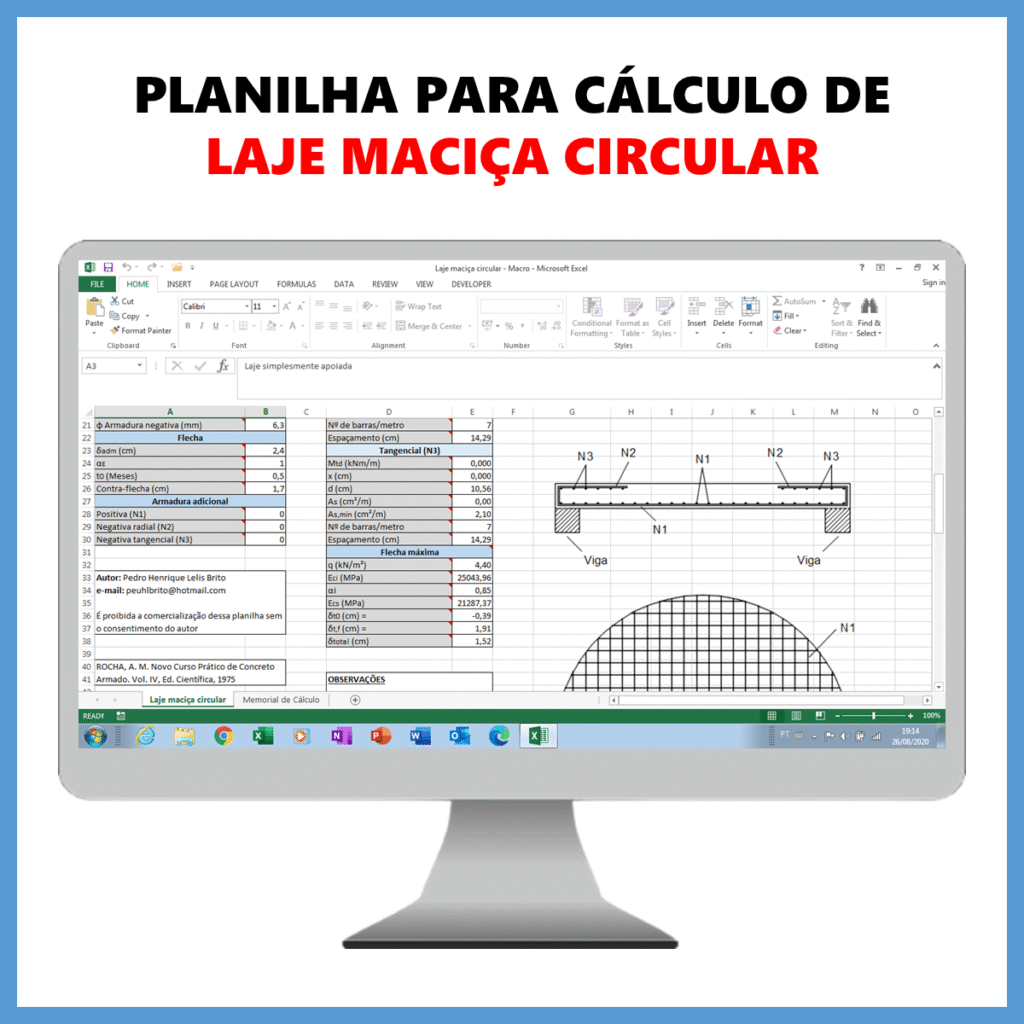 Planilha para cálculo de laje maciça circular            R$ 50,00            SAIBA MAIS