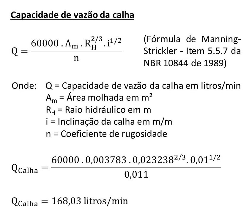 Cálculo da capacidade de vazão da calha com a fórmula de Manning-Strickler