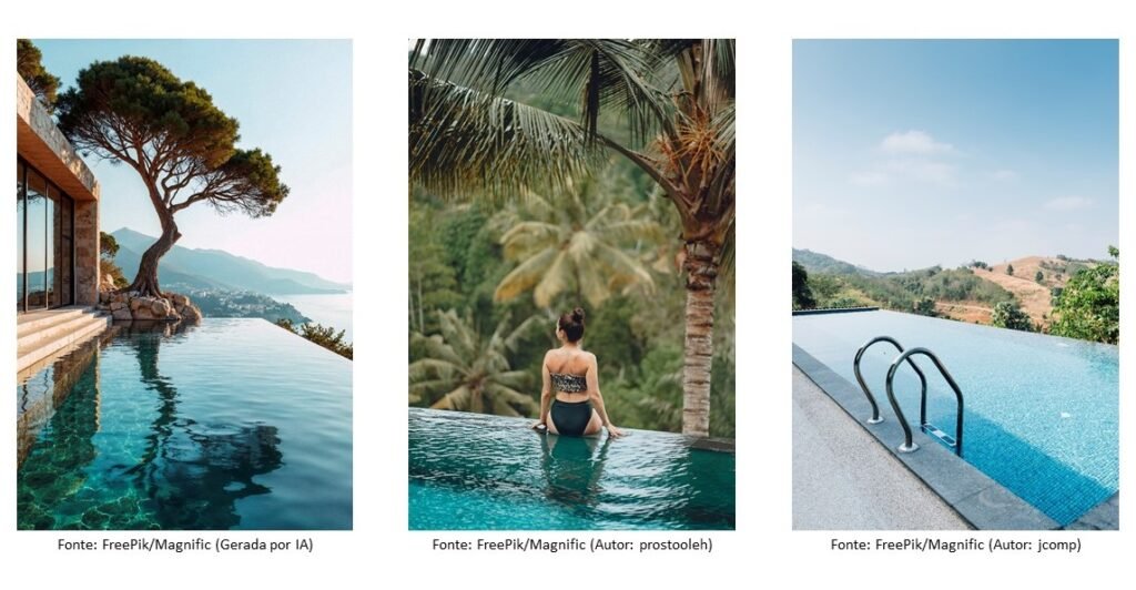 Conjunto de imagens de piscinas com borda infinita