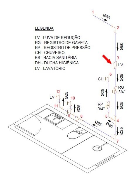 Isométrico do banheiro com seta indicando a luva de redução