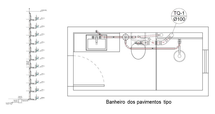 Instalações sanitárias do banheiro do pavimento tipo de um prédio